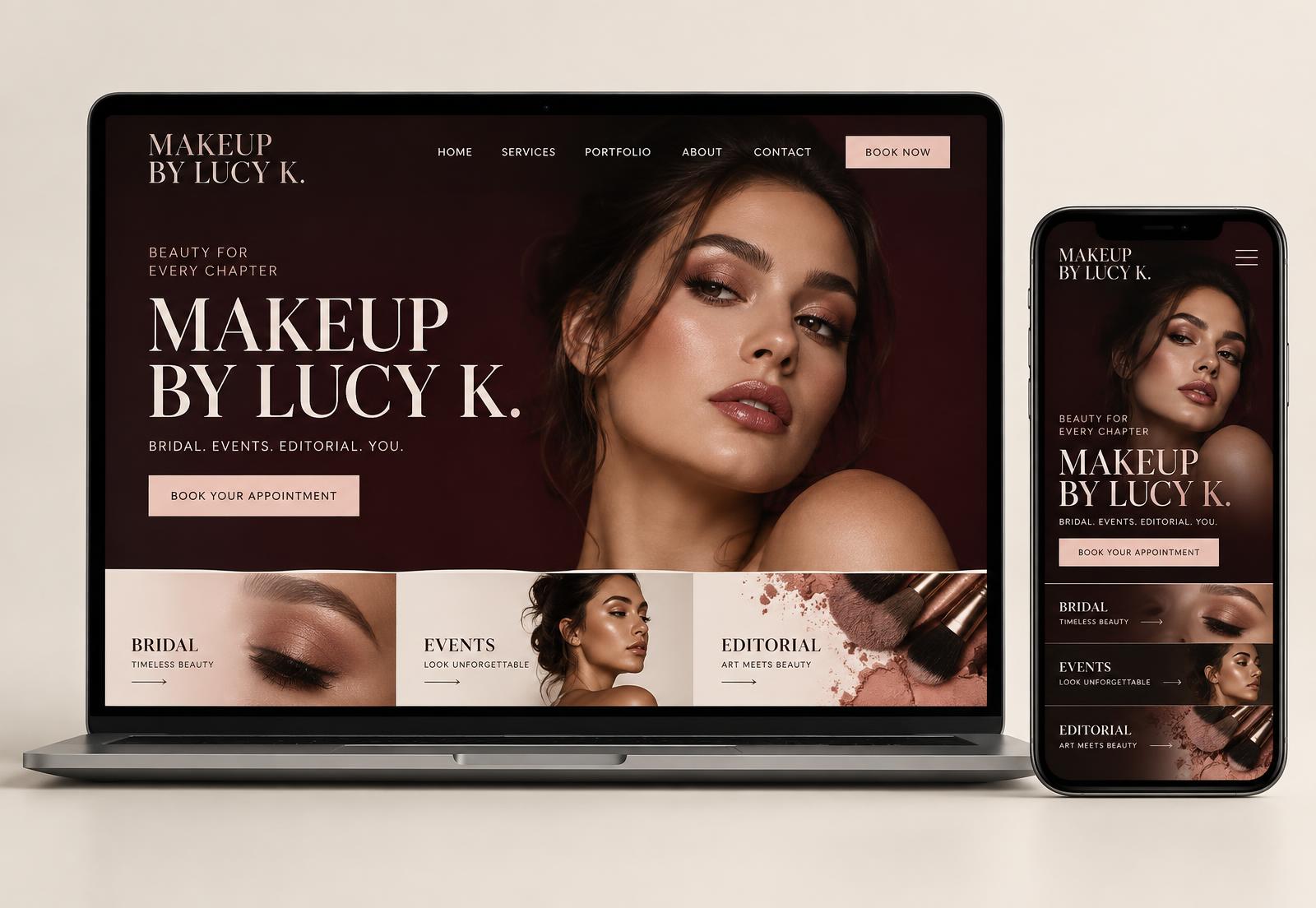 Desktop and mobile views of the responsive Makeup By Lucy K. website
