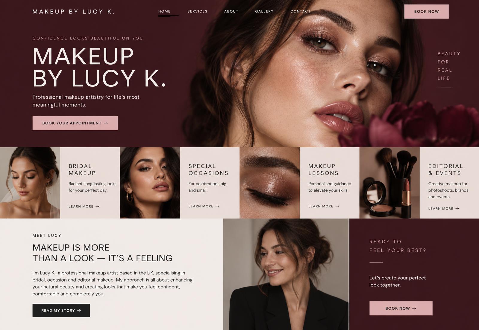 Makeup By Lucy K. services page with editorial beauty imagery and clear service navigation