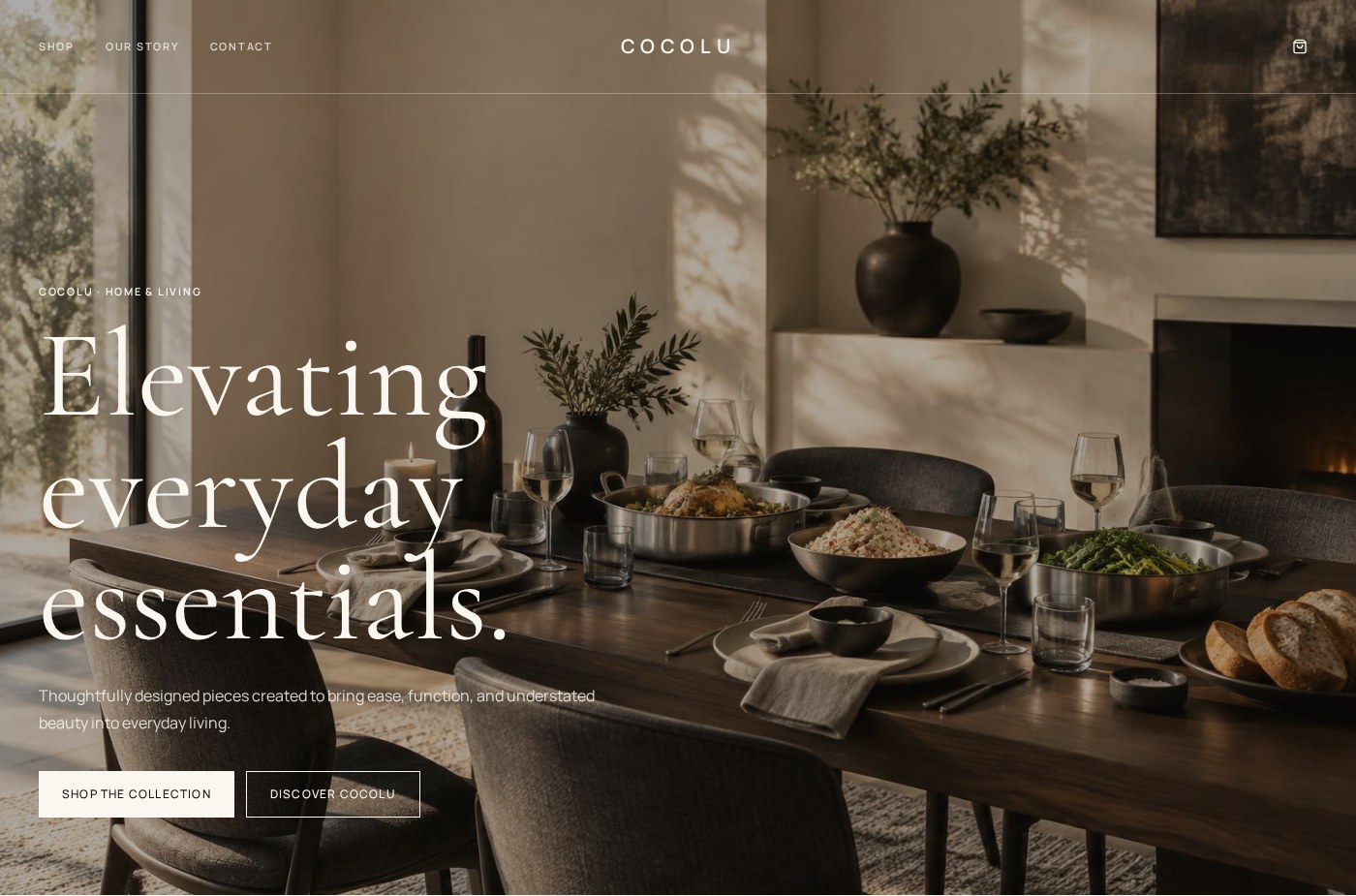 Cocolu homepage featuring warm neutrals, product imagery, and editorial typography